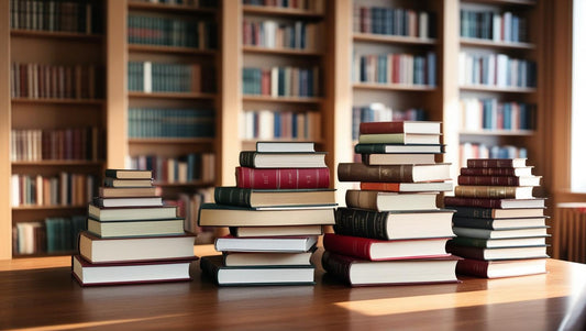 Piles of Hardback books stacked on a table in a library