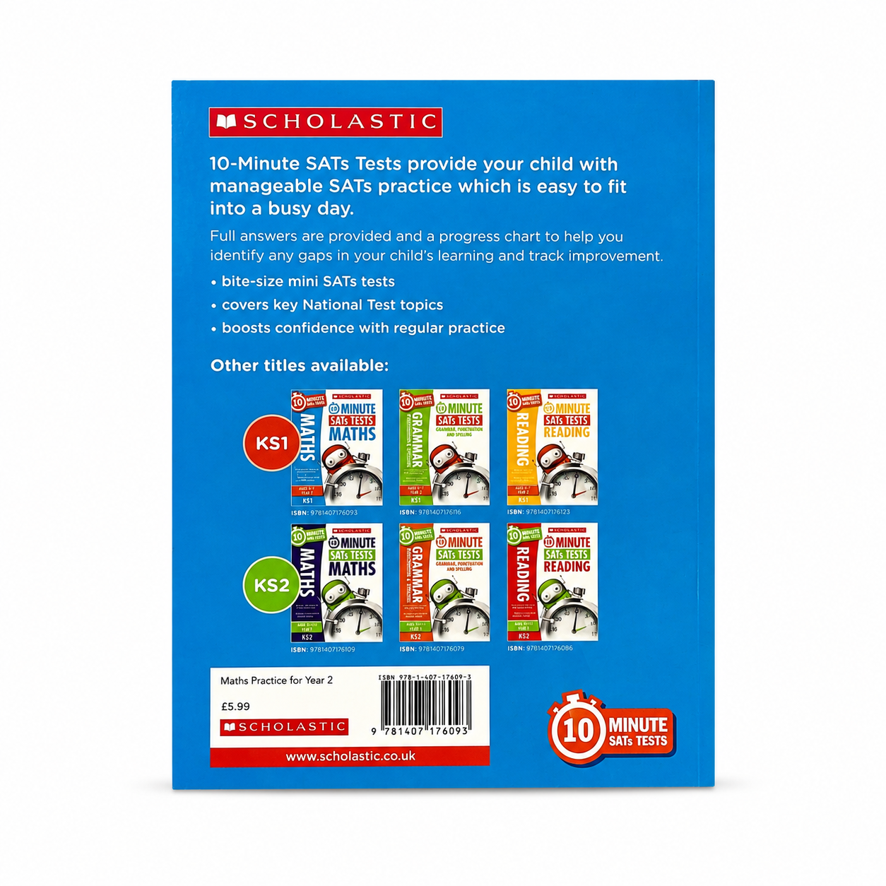 Back cover of a Scholastic KS2 Maths SATs practice book, featuring a bright blue background with product information, a barcode, and images of the included mini books.