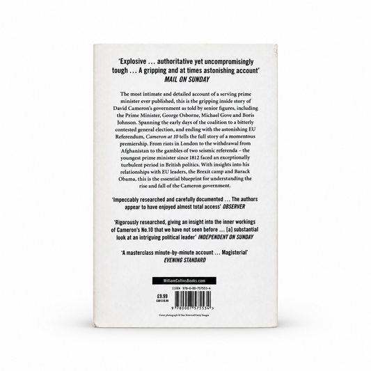The back cover of a book, photographed flat against a white background. The cover is white with black text, featuring a review quote at the top, a synopsis in the middle