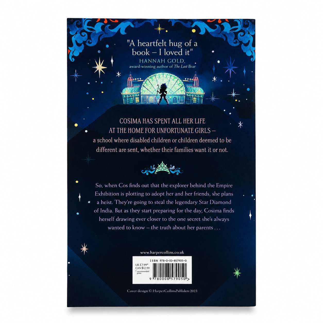 Back cover of Cosima Unfortunate Steals a Star by Laura Noakes paperback centred on a pure white background with a soft shadow. Displays the book synopsis and barcode. Brand new condition.