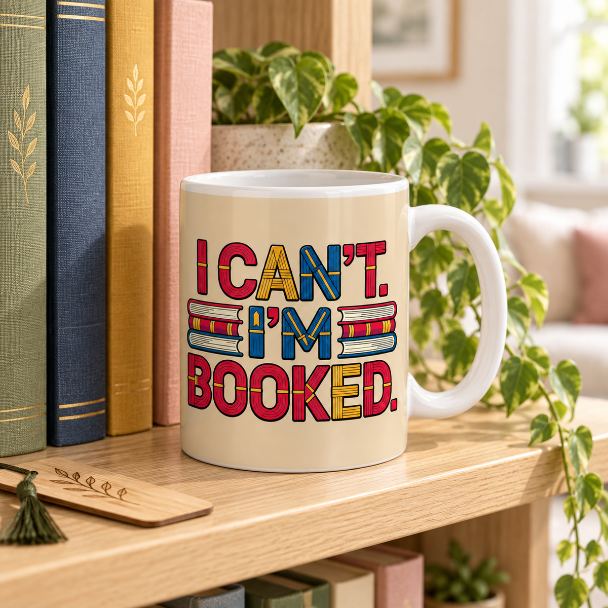A white ceramic mug with the phrase 'I CAN'T. I'M BOOKED.