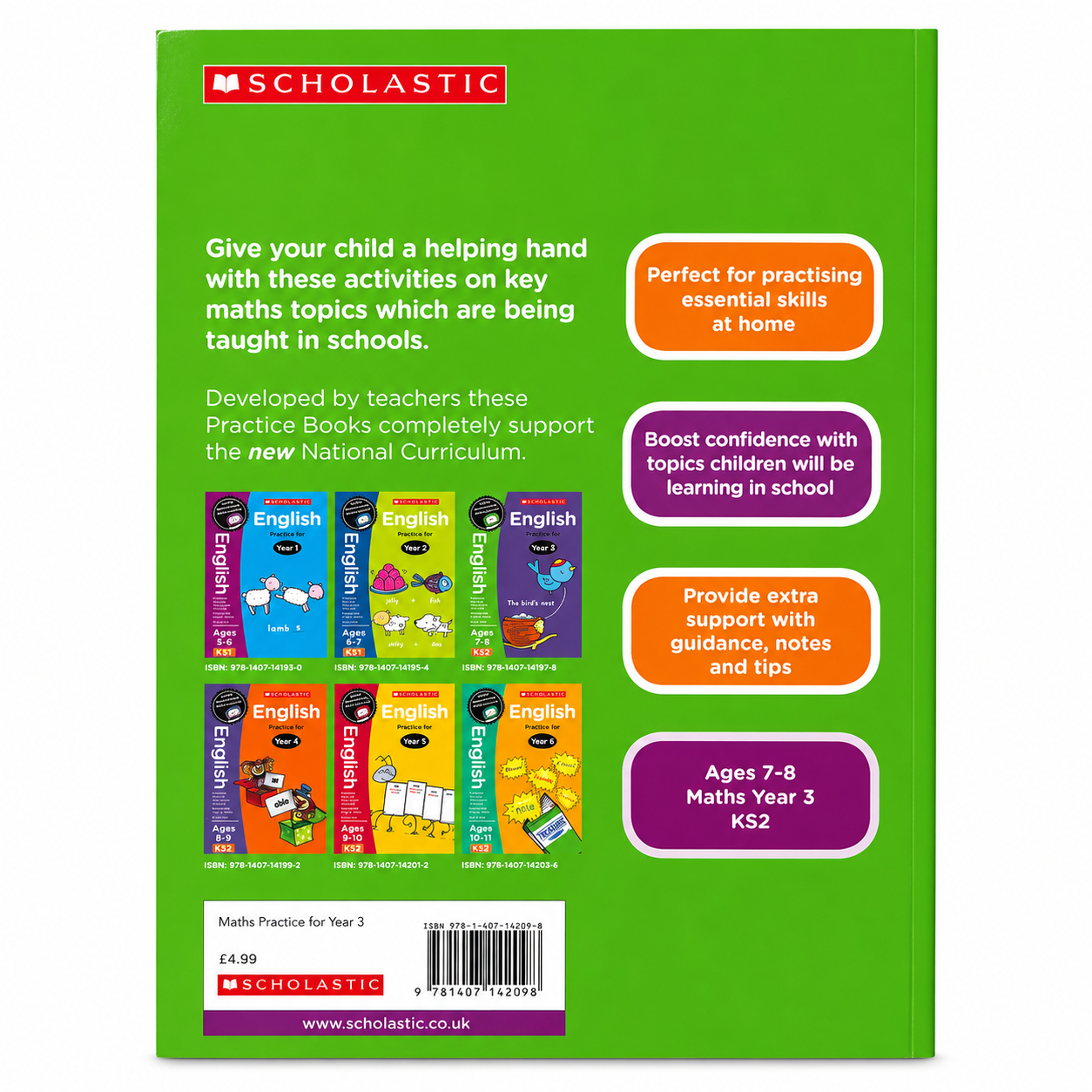 Back cover of Maths Practice for Year 3 Ages 7–8 by Scholastic showing workbook information, learning features, National Curriculum support and publisher details.