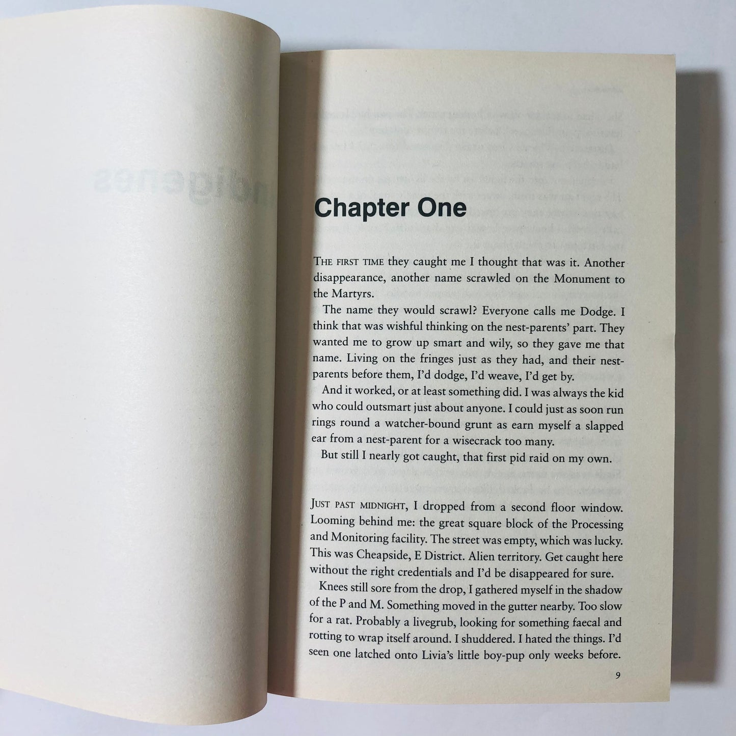 Open book showing text with 'Chapter One' at the top