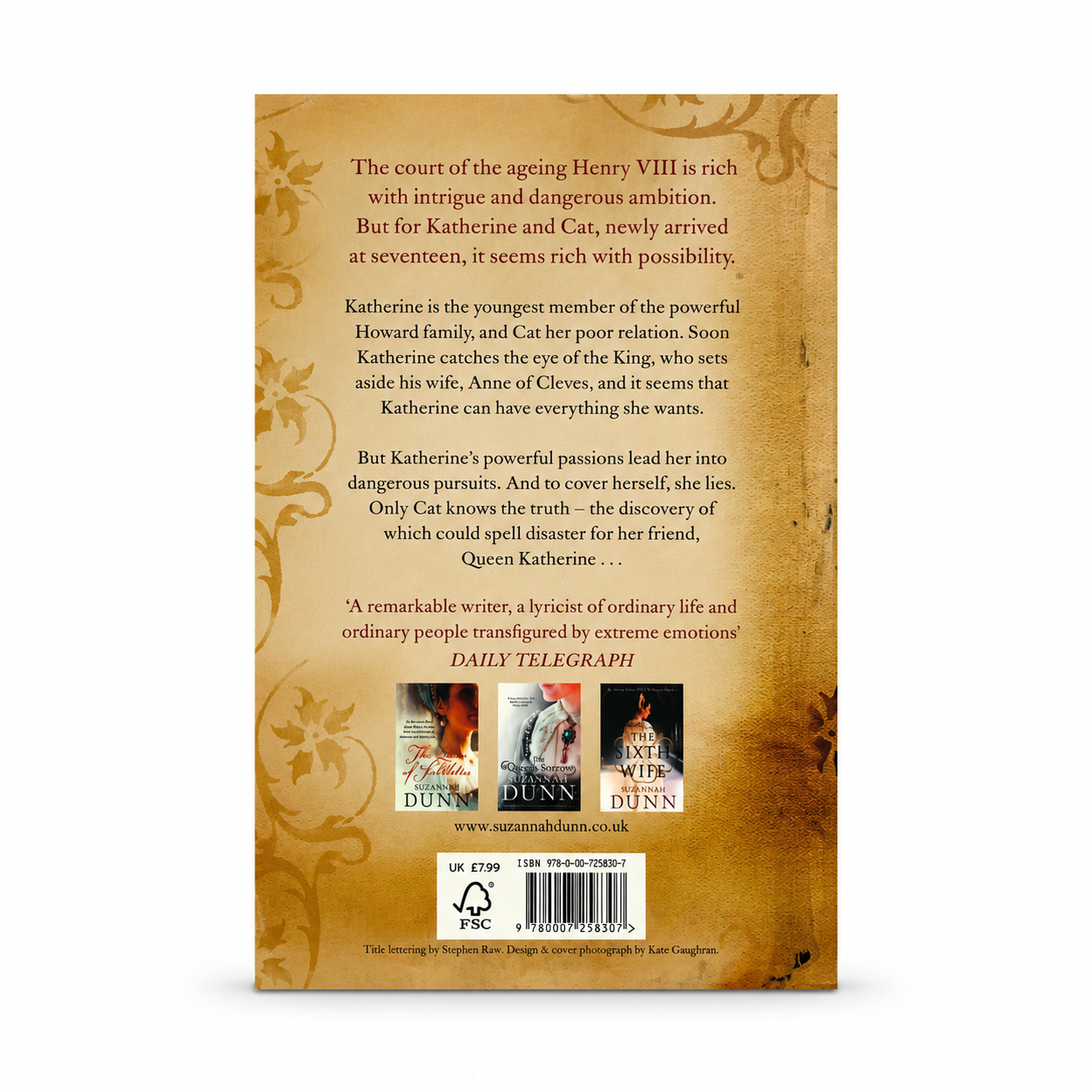 Back cover of The Confession of Katherine Howard by Suzannah Dunn showing the book synopsis, barcode and publisher information on a paperback edition in Very Good condition.