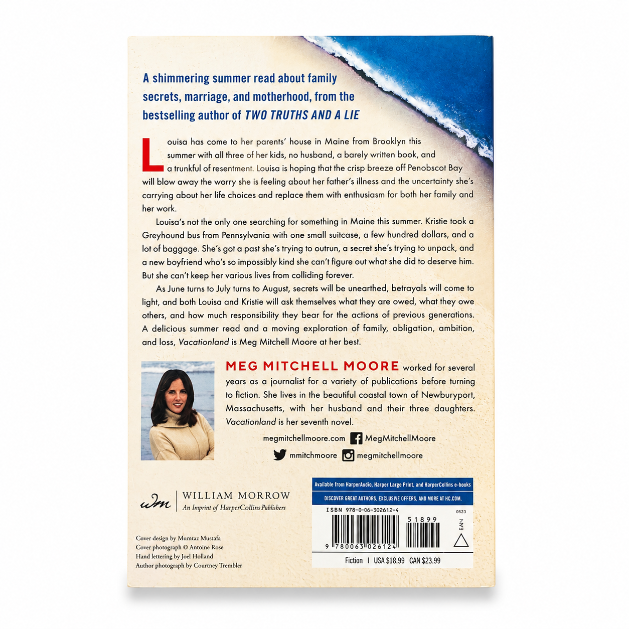 Back cover of Vacationland by Meg Mitchell Moore paperback showing the book synopsis and ISBN barcode.