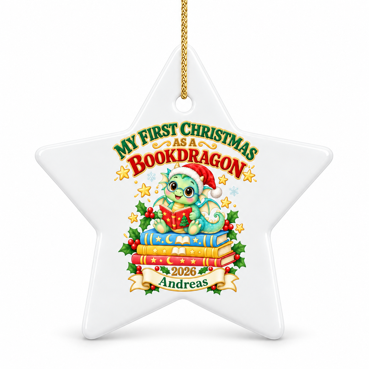 Personalised First Christmas Bookworm or Bookdragon Ornament