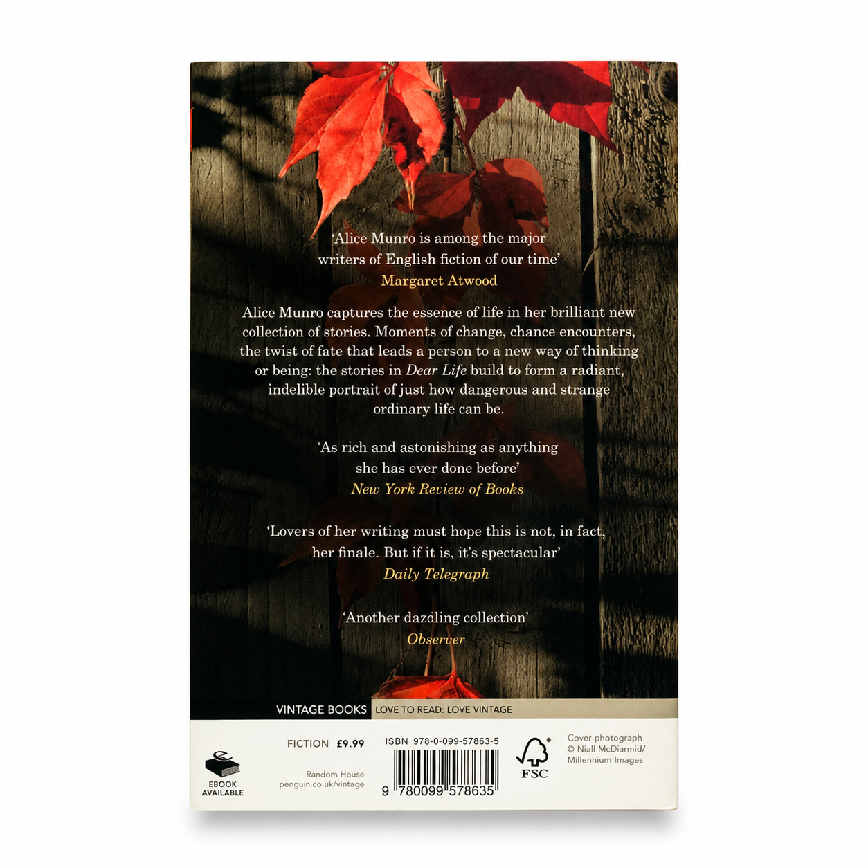 Back cover of Dear Life by Alice Munro, paperback book in Very Good used condition showing the publisher's synopsis and barcode on a white background.