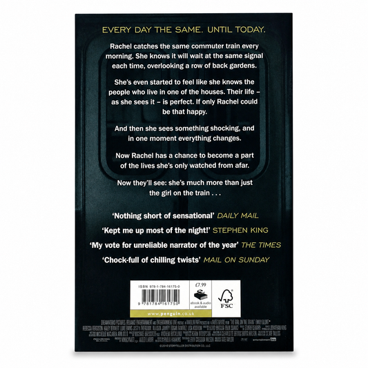Back cover of The Girl on the Train by Paula Hawkins paperback showing the book synopsis and ISBN.