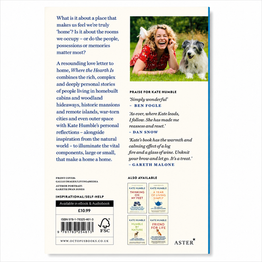 Back cover of Where the Hearth Is: Stories of Home by Kate Humble showing the book description and ISBN on a clean white background for the BookBuddies online bookshop.