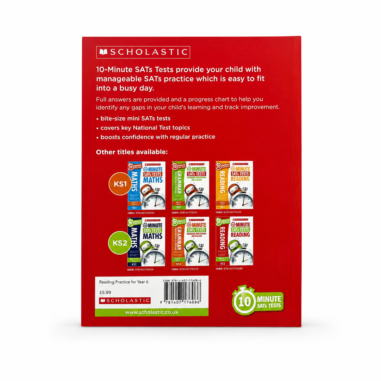 Back cover of a Scholastic reading practice book package, predominantly bright red with white text, a barcode, a green '10-Minute Each Year' badge, and small thumbnails of other SATs test titles including KS1 and KS2.