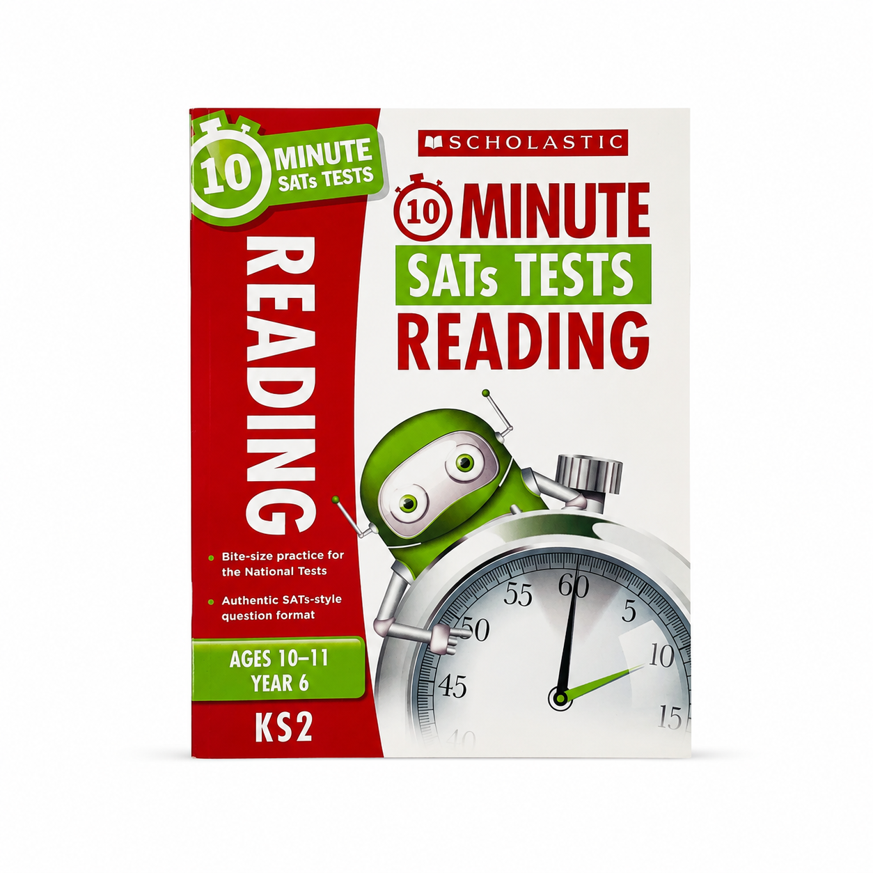 Scholastic 10 Minute SATs Tests Reading KS2 book cover, featuring a red and white design with a green robot and stopwatch illustration on a white background.