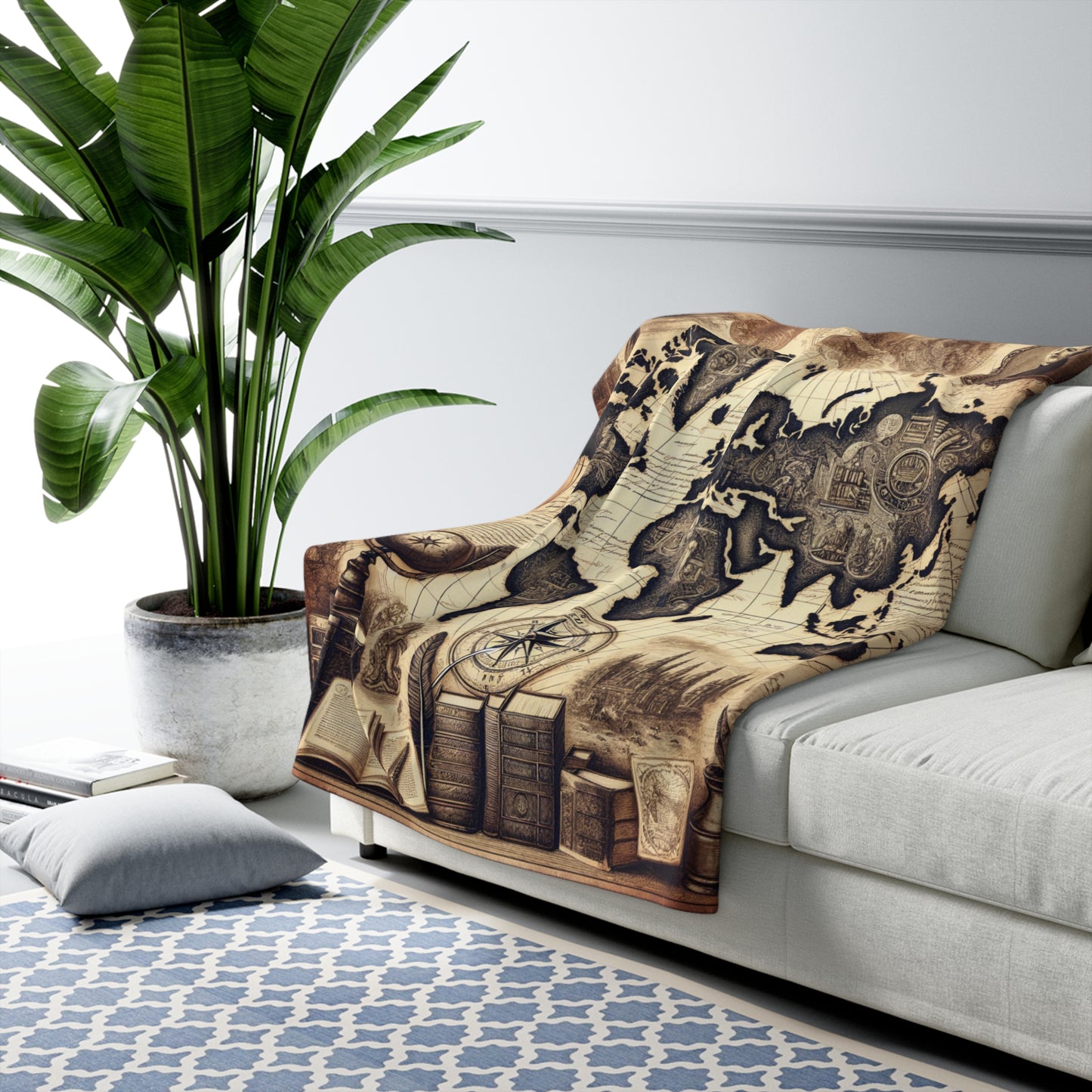 Sherpa Blanket Literary World Map - Sepia Book Lovers Throw 50x60 Inches
