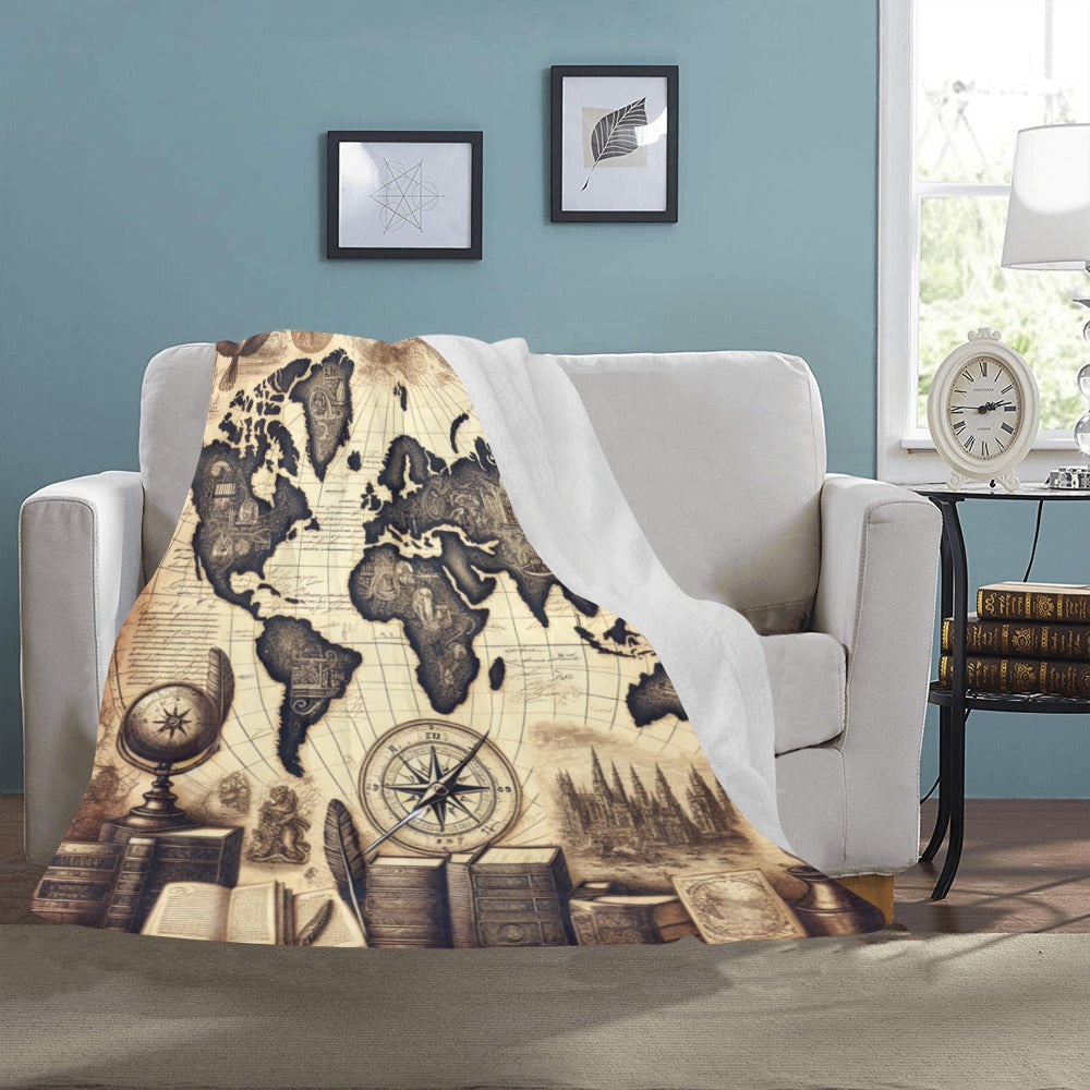 Literary World Map Sherpa Blanket - Sepia Book Lovers Throw for Reading 50x60 Inches - Ultra-Soft Fuzzy Fleece Blanket for Readers & Bookworms
