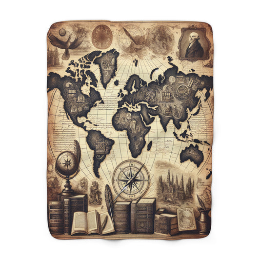 Sherpa Blanket Literary World Map - Sepia Book Lovers Throw 50x60 Inches