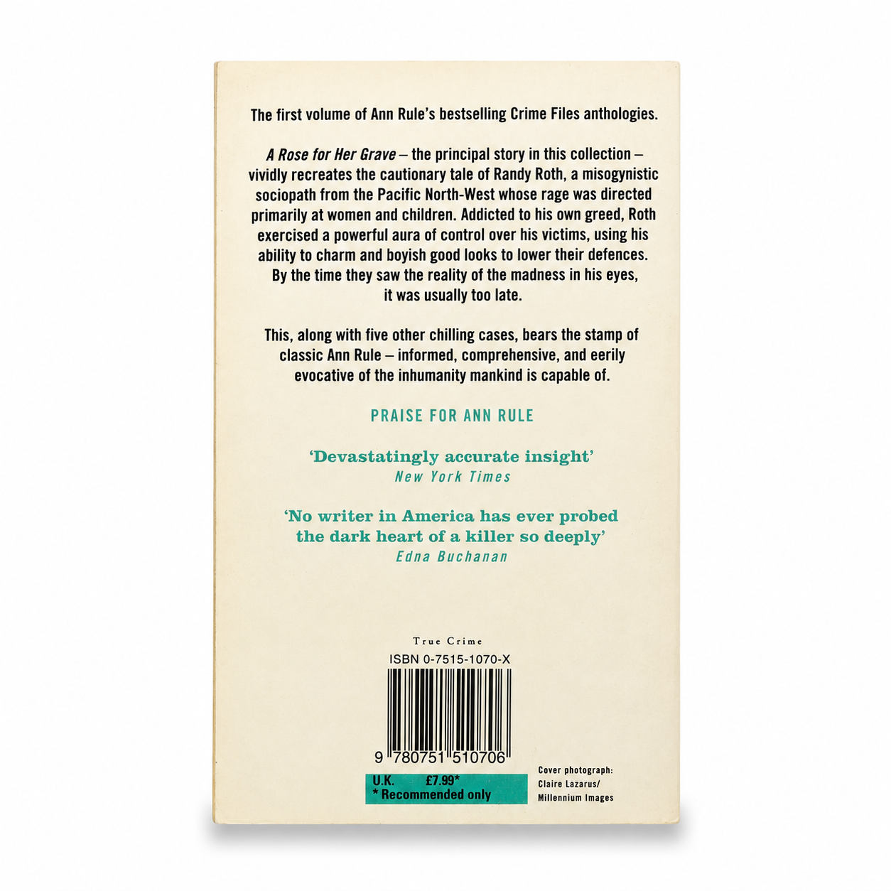Back cover of A Rose For Her Grave by Ann Rule showing the book synopsis and publisher information.