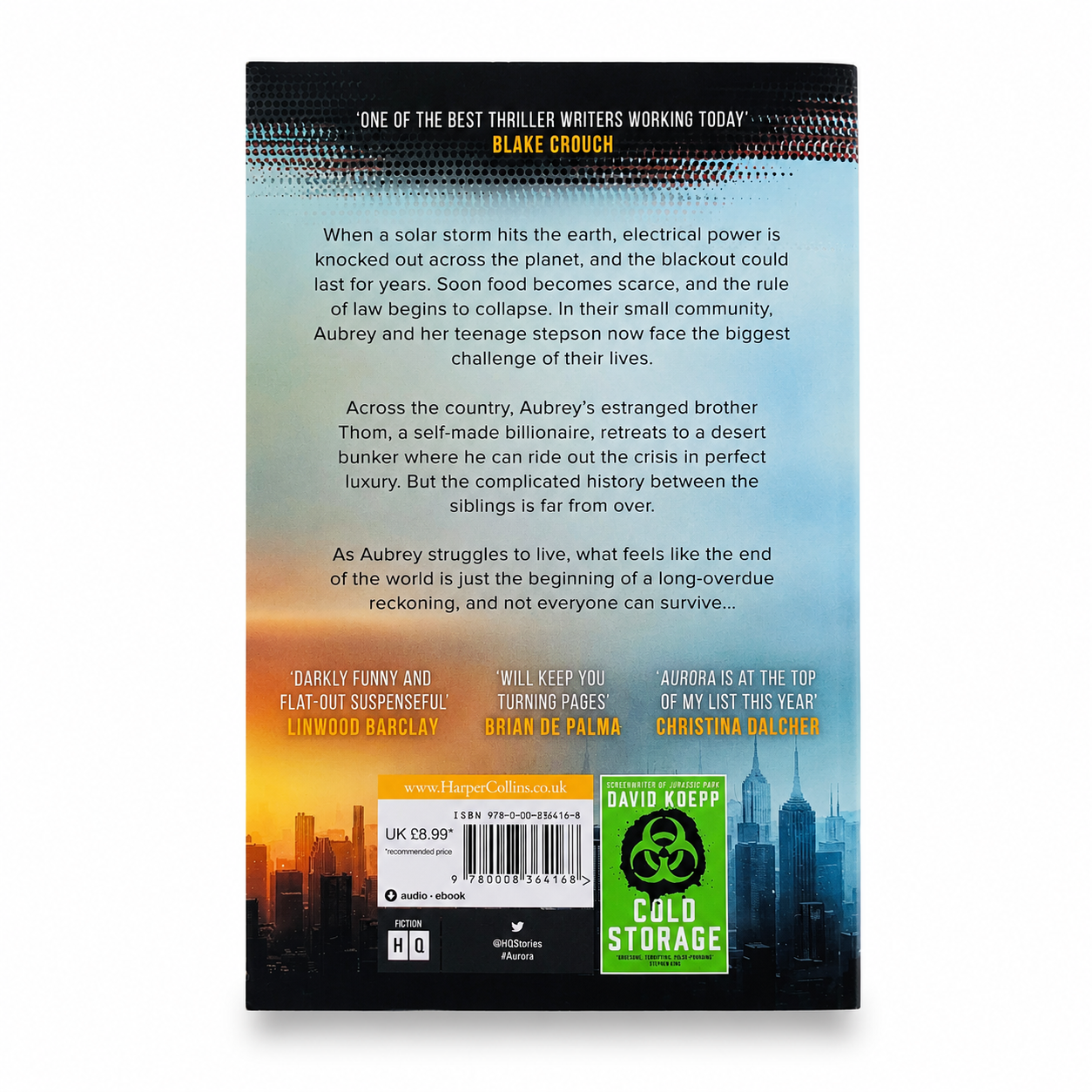 Back cover of Aurora by David Koepp, paperback book in Very Good used condition showing the publisher's synopsis and barcode on a white background.
