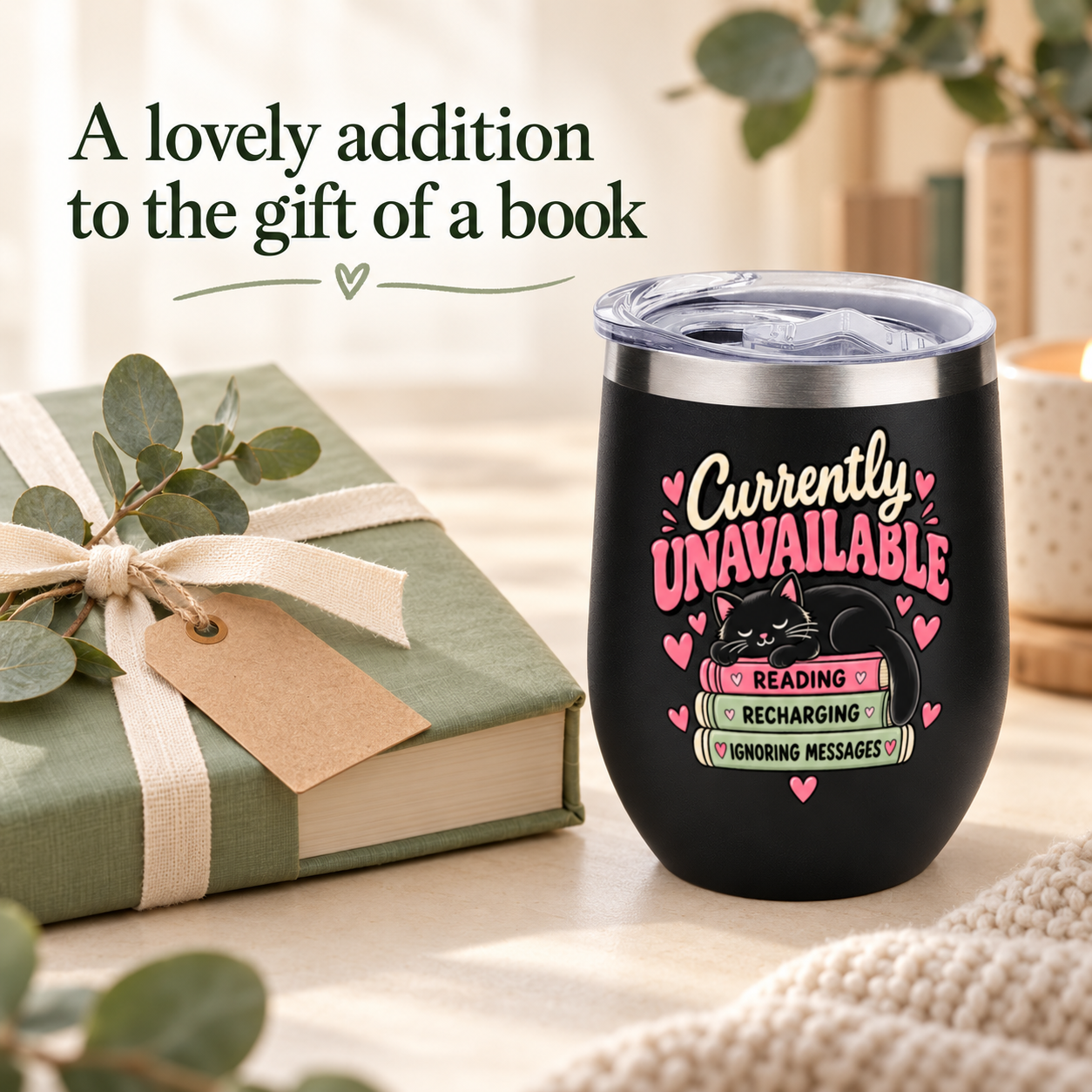 A black insulated tumbler with a clear lid sits beside a green gift book wrapped in cream ribbon. The tumbler has a printed design with pink and green text reading 'Currently UNAVAILABLE' and a black cat on books.