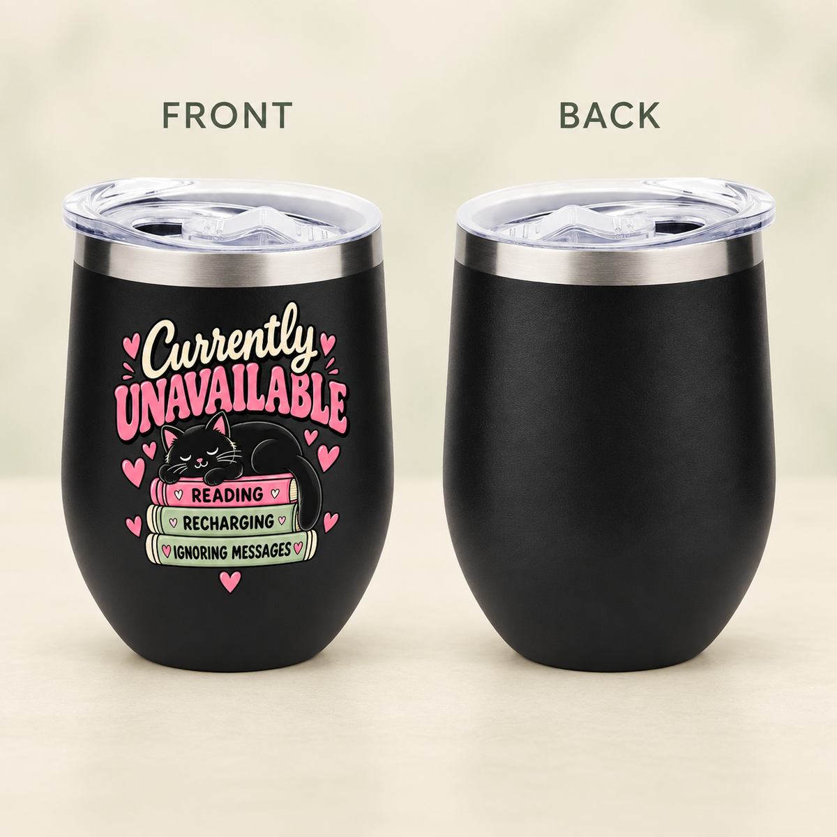 Front and plain reverse of the black reading cat tumbler