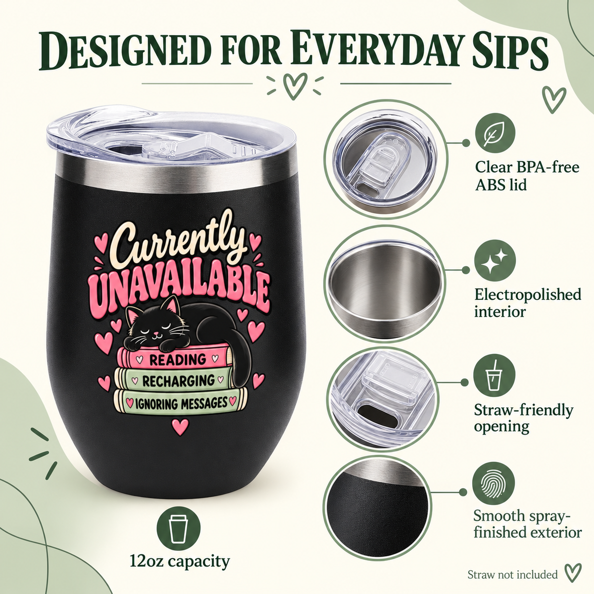 Features of the Currently Unavailable reading cat tumbler