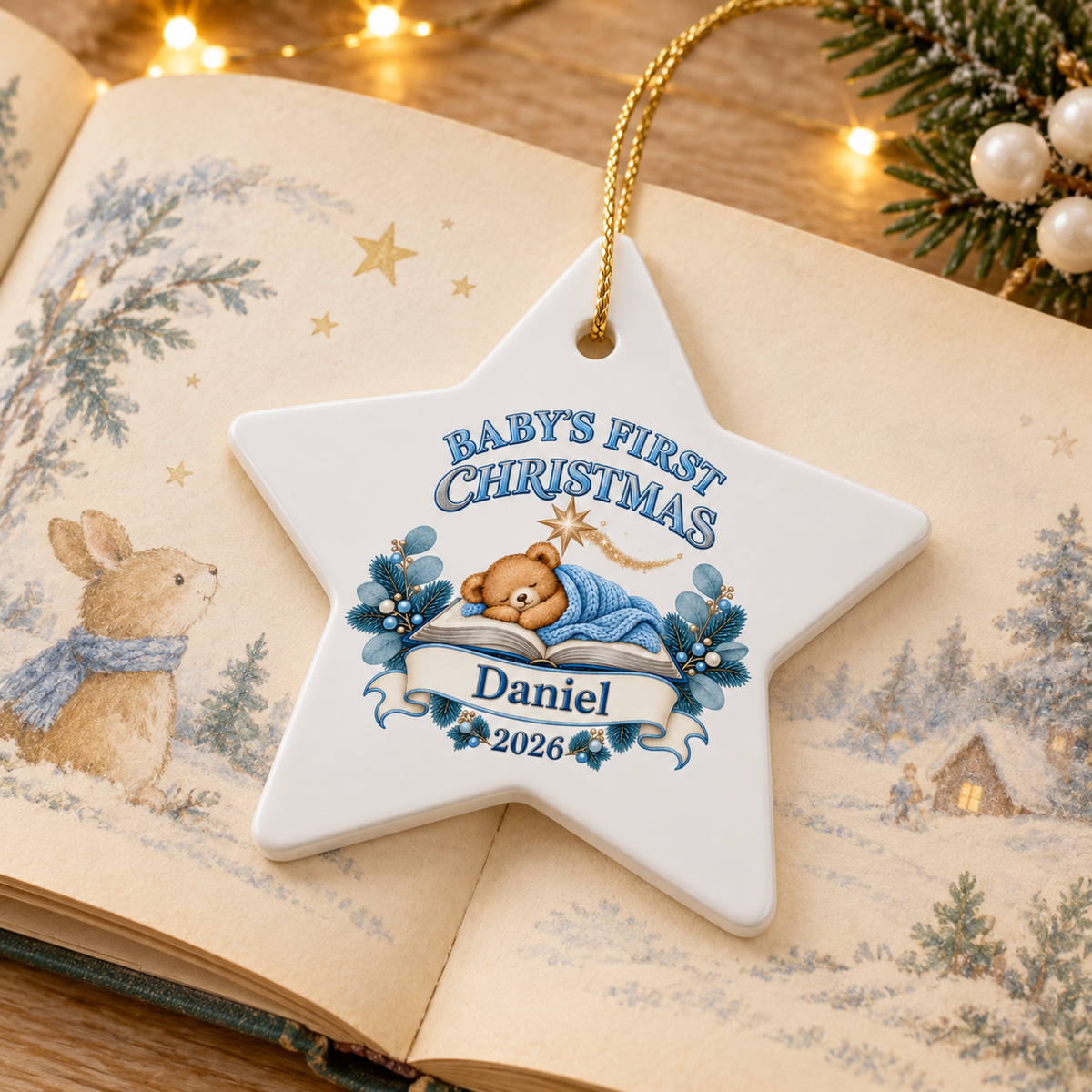 A personalized white star-shaped Christmas ornament hanging over an open illustrated book. The ornament features a teddy bear sleeping in a blue blanket under the text 'BABY'S FIRST CHRISTMAS' and a banner reading 'Daniel 2026'.