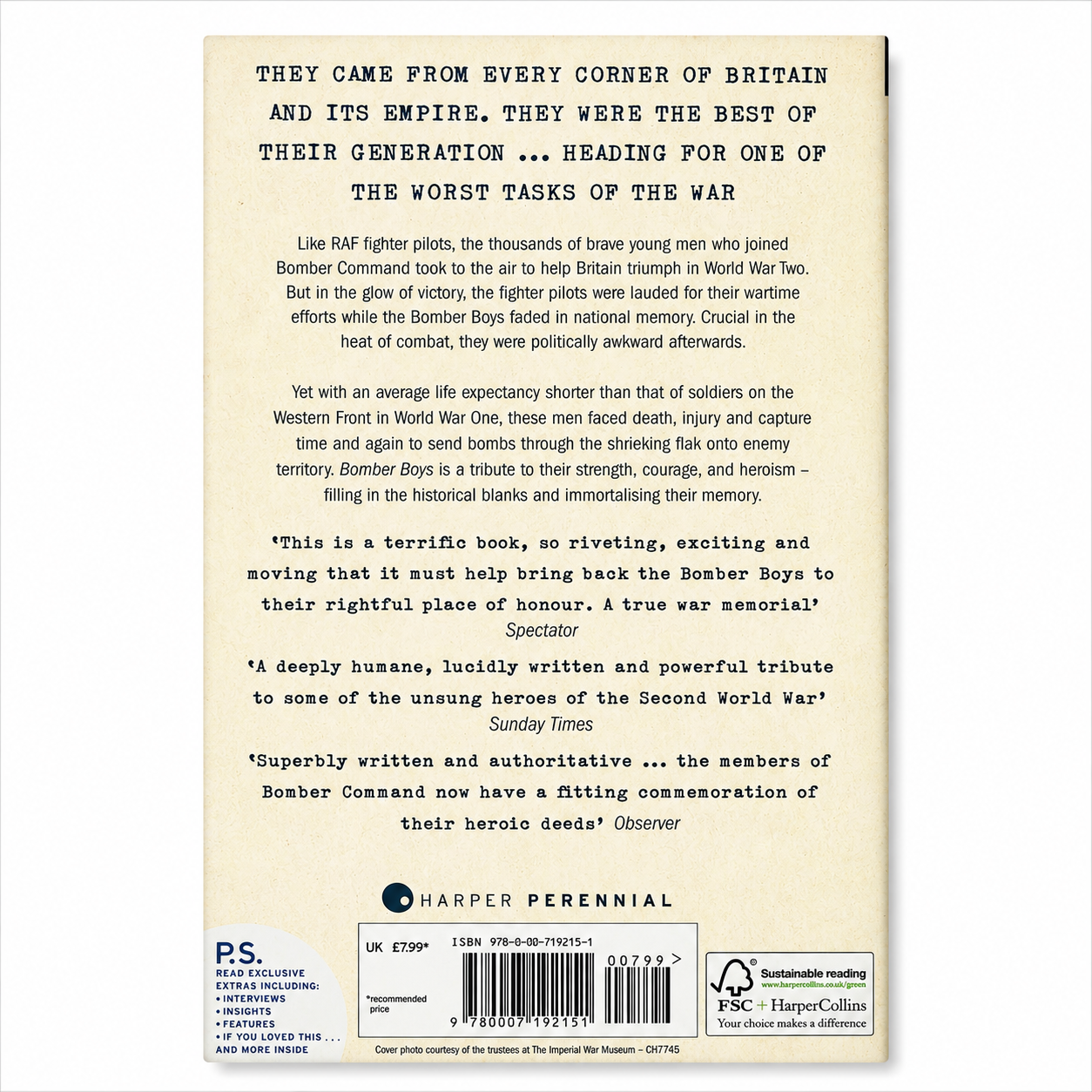 Back cover of Bomber Boys: Fighting Back 1940–1945 by Patrick Bishop showing the book description, review quotes and ISBN on a clean white background for the BookBuddies online bookshop.