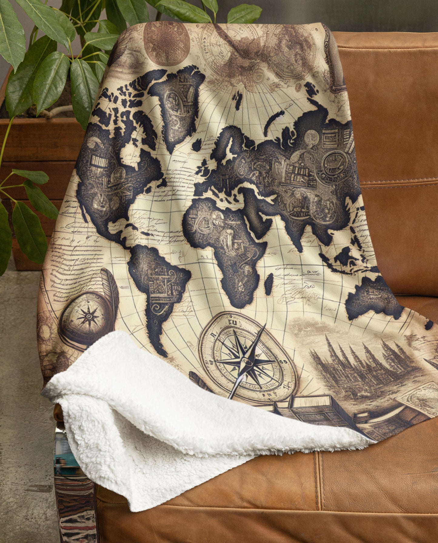 Literary World Map Sherpa Blanket - Sepia Book Lovers Throw for Reading 50x60 Inches - Ultra-Soft Fuzzy Fleece Blanket for Readers & Bookworms