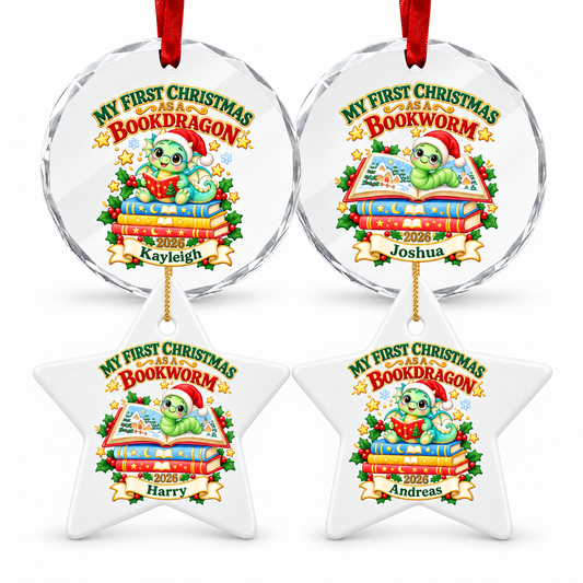 Personalised First Christmas Bookworm or Bookdragon Ornament