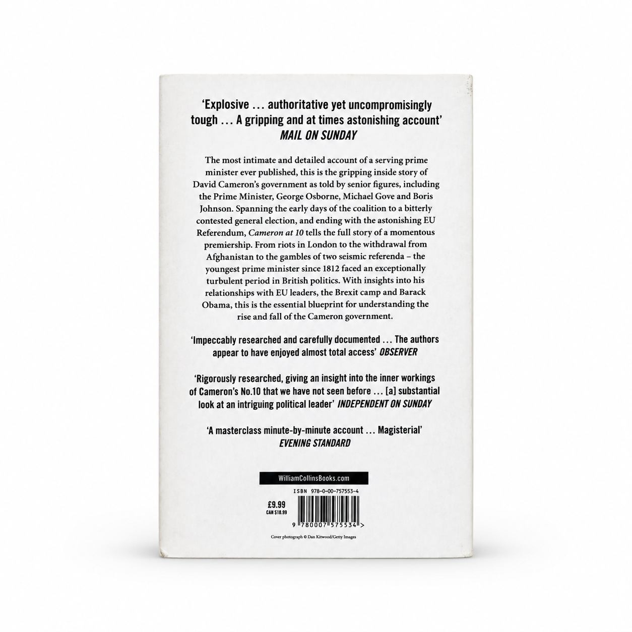 The back cover of a book, photographed flat against a white background. The cover is white with black text, featuring a review quote at the top, a synopsis in the middle