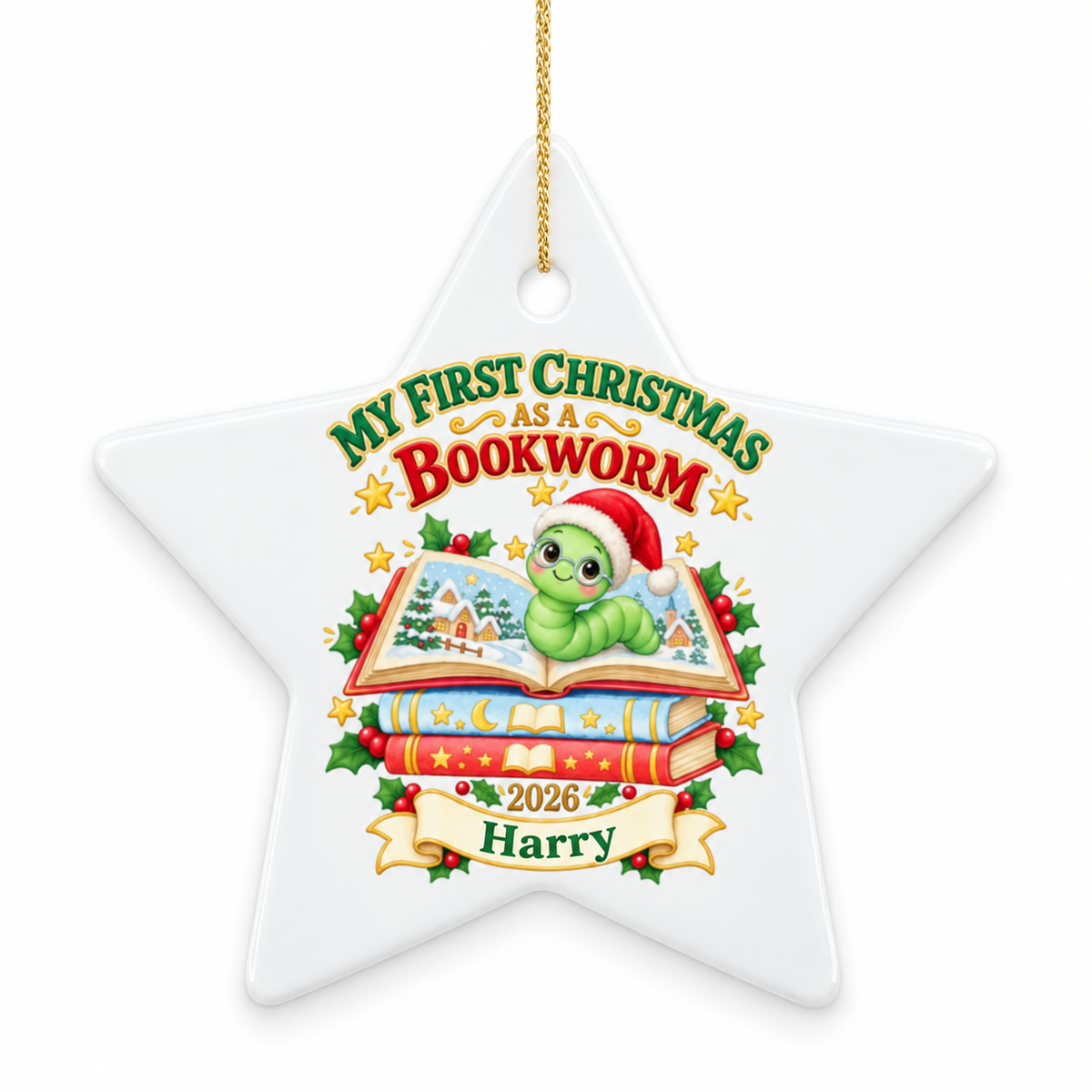 Personalised First Christmas Bookworm or Bookdragon Ornament