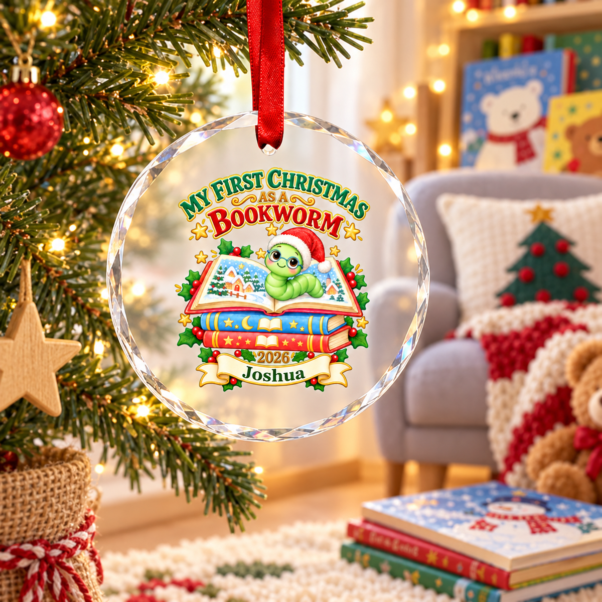Personalised First Christmas Bookworm or Bookdragon Ornament