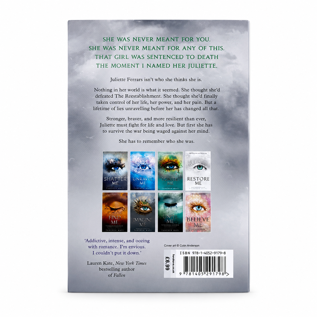 The back cover of the book 'Before the Dawn' by Lauren Kate, featuring a gray and white textured background with green text, three book cover thumbnails, and a barcode at the bottom.