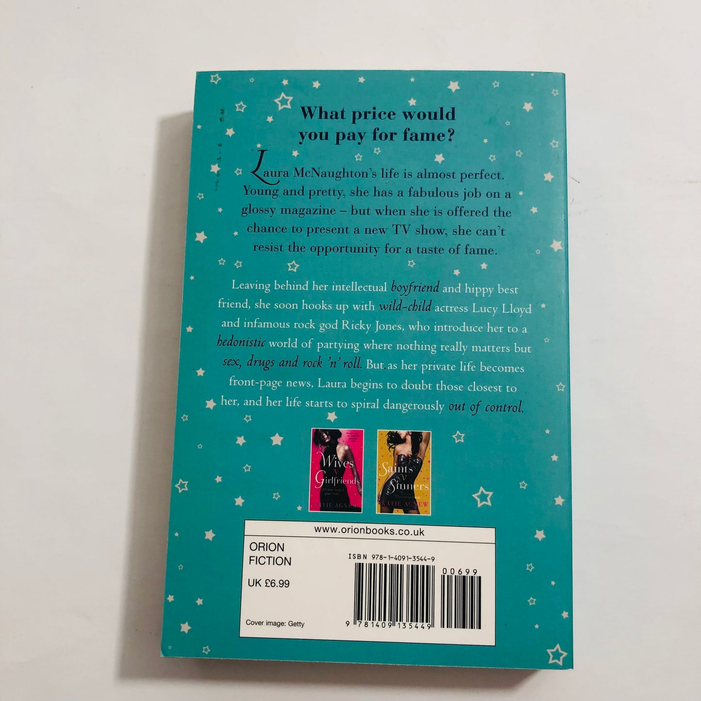 Back cover of a book with text and Orion Fiction branding on a white background