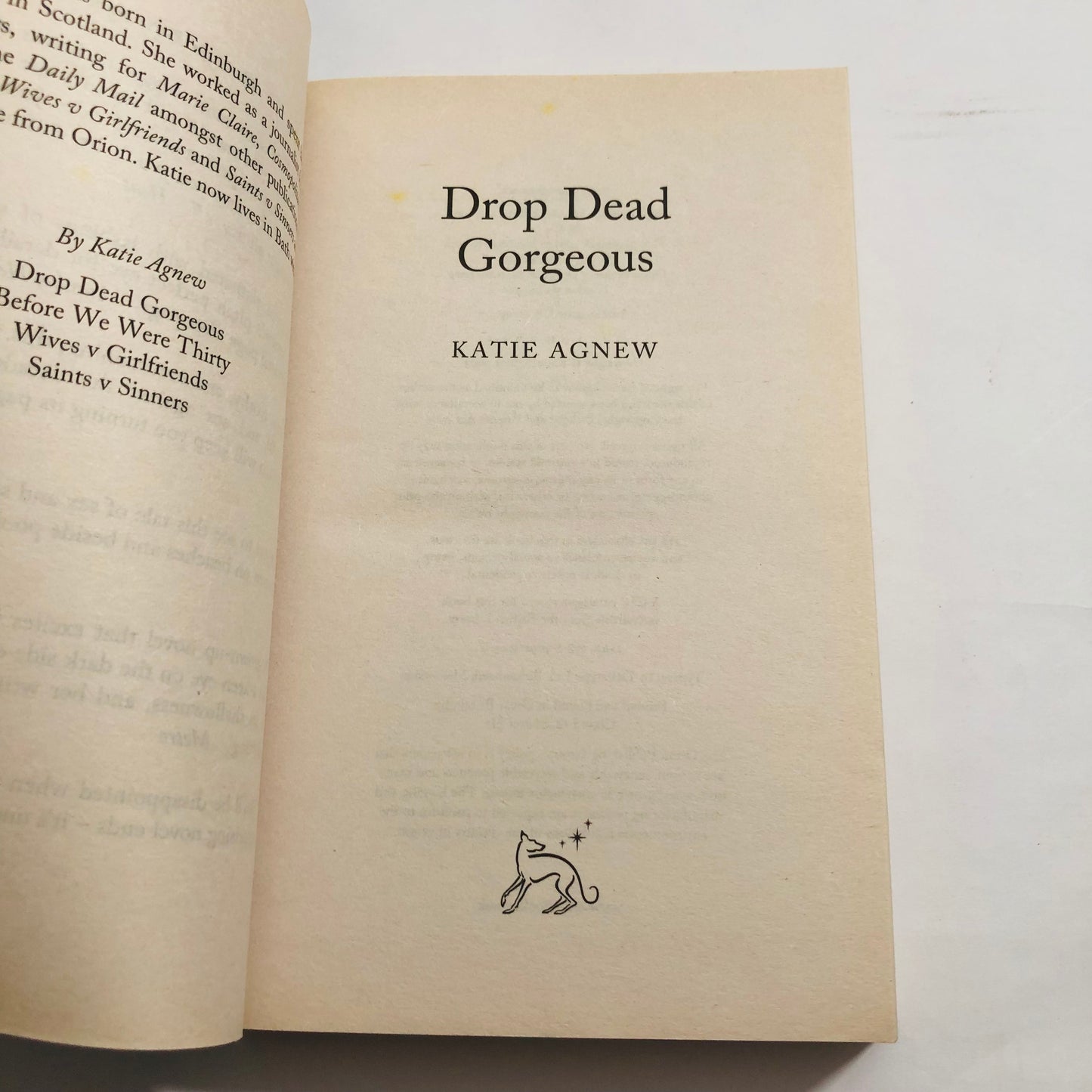 Open book with 'Drop Dead Gorgeous' by Katie Agnew on a white background