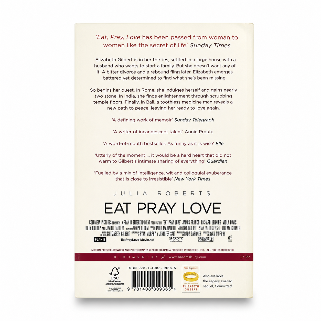 Back cover of Eat Pray Love by Elizabeth Gilbert, paperback book in Very Good used condition showing the publisher's synopsis and barcode on a white background.