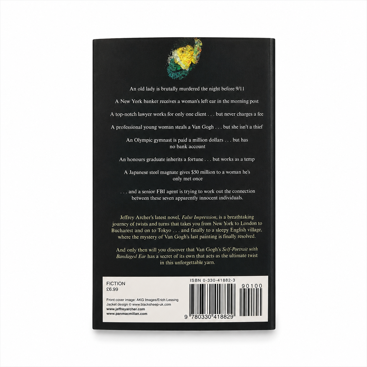 Back cover of False Impression by Jeffrey Archer, paperback book in Very Good used condition showing the publisher's synopsis and barcode on a white background.