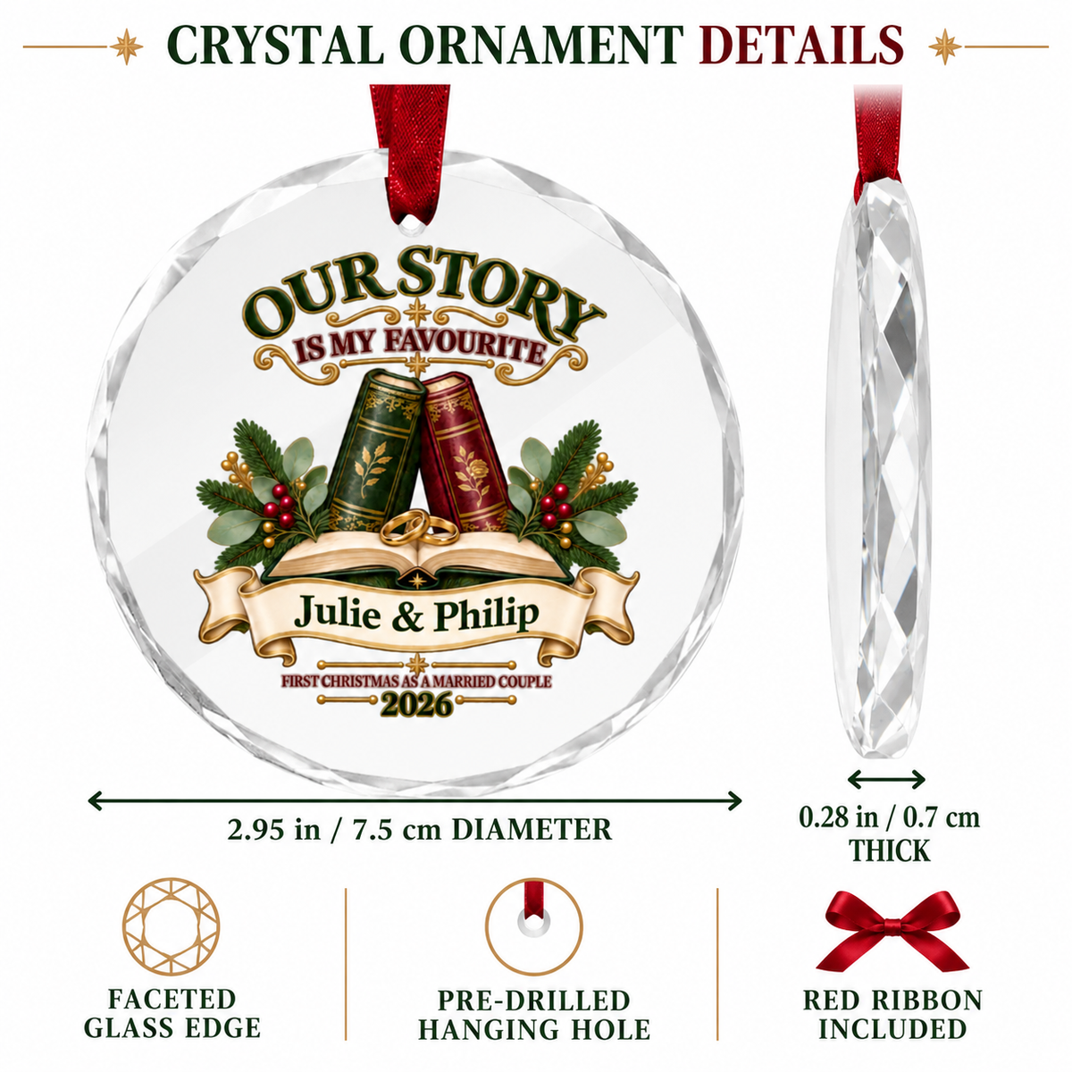 Personalized crystal glass Christmas ornament with a red ribbon, shown front and side views with dimensions and feature callouts on a white background.