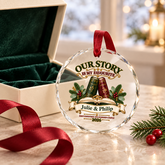 A personalized round crystal Christmas ornament with a red hanging ribbon, displayed in front of an open cream gift box with a dark green velvet interior. The ornament features custom text reading 'OUR STORY IS MY FAVORITE' and 'Julie & Philip 2026' with illustrated books, holly leaves, and red berries.
