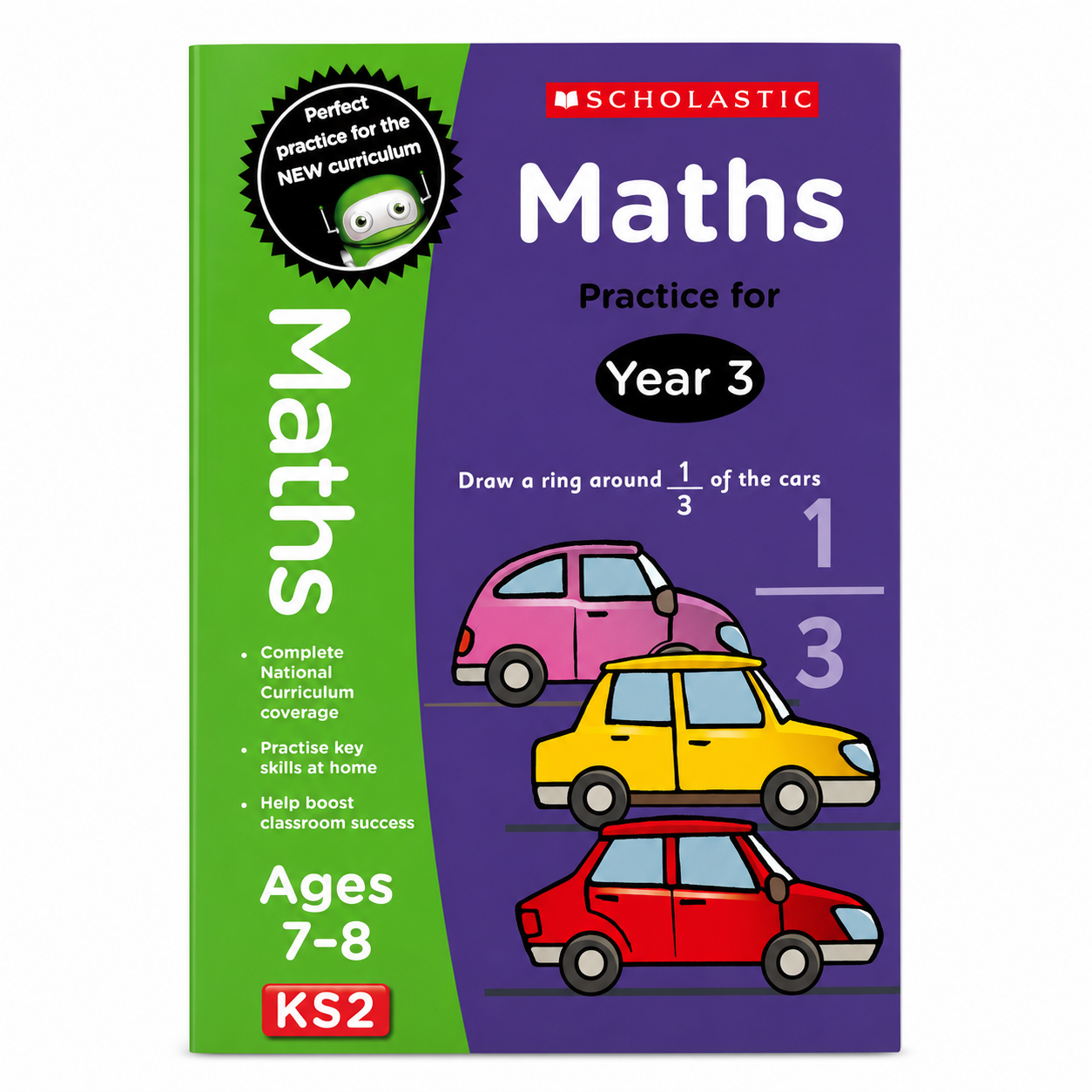 Maths Practice for Year 3 Ages 7–8 by Scholastic – KS2 maths workbook for Year 3 pupils, trade paperback, front cover.