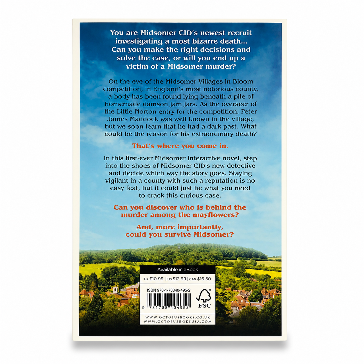 Back cover of Midsomer Murders Interactive Novel by Simon Brew showing the synopsis and publisher information.