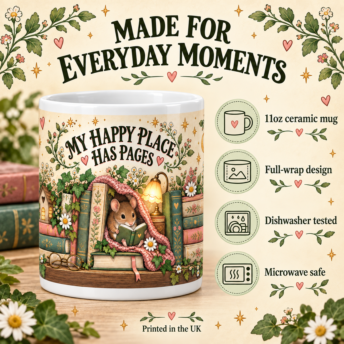 A ceramic mug with a whimsical illustration of a mouse reading among books, surrounded by decorative text and feature callouts on a warm cream background.