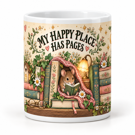 A white ceramic mug featuring a whimsical illustration of a small mouse reading under a pink blanket, surrounded by books, flowers, a birdhouse, and the text 'MY HAPPY PLACE HAS PAGES'.