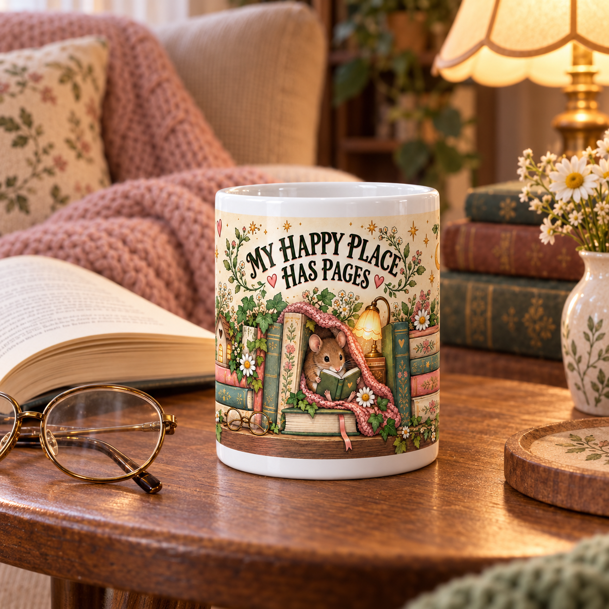 A ceramic mug with a whimsical illustration of a mouse reading among books, sitting on a wooden table in a cozy, warmly lit room. The mug features the text 'MY HAPPY PLACE HAS PAGES'.