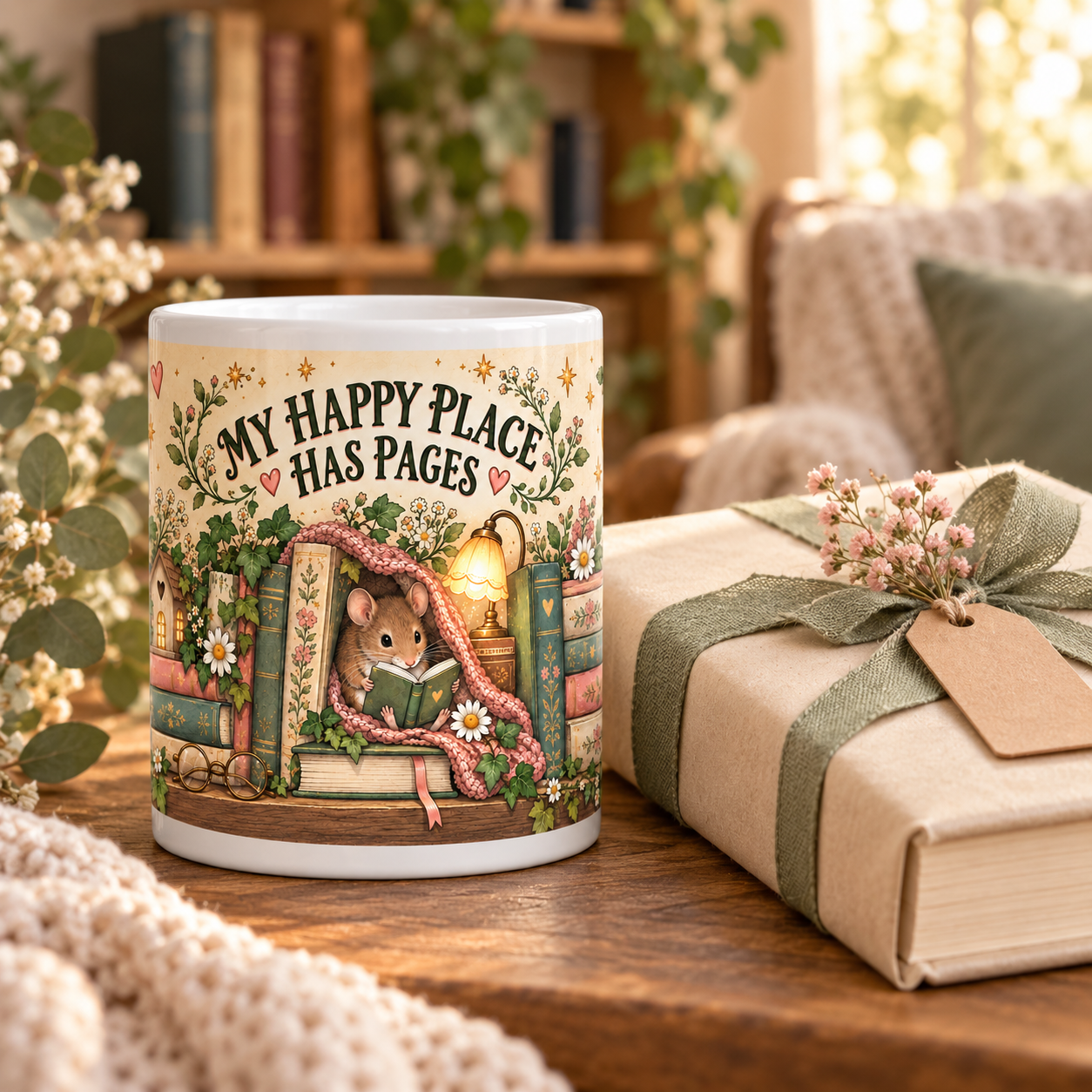 A white ceramic mug with a whimsical illustration of a mouse reading books by a window, printed with the text 'MY HAPPY PLACE HAS PAGES'. The mug is styled on a wooden table next to a wrapped gift book in a cozy, warm room setting.