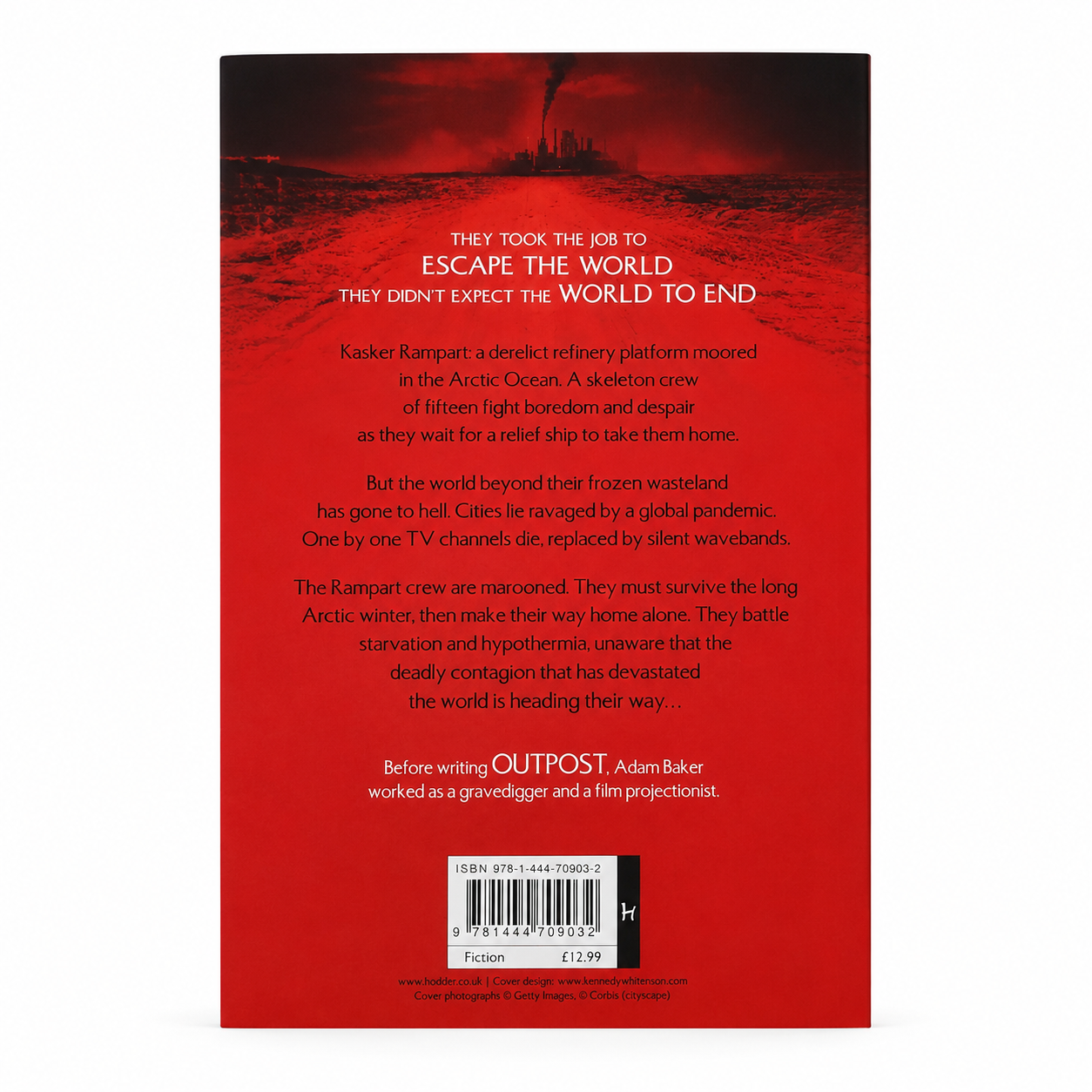 The back cover of the book 'Outpost' by Adam Baker, featuring a dramatic red and black graphic with white text detailing the plot of the survival story.
