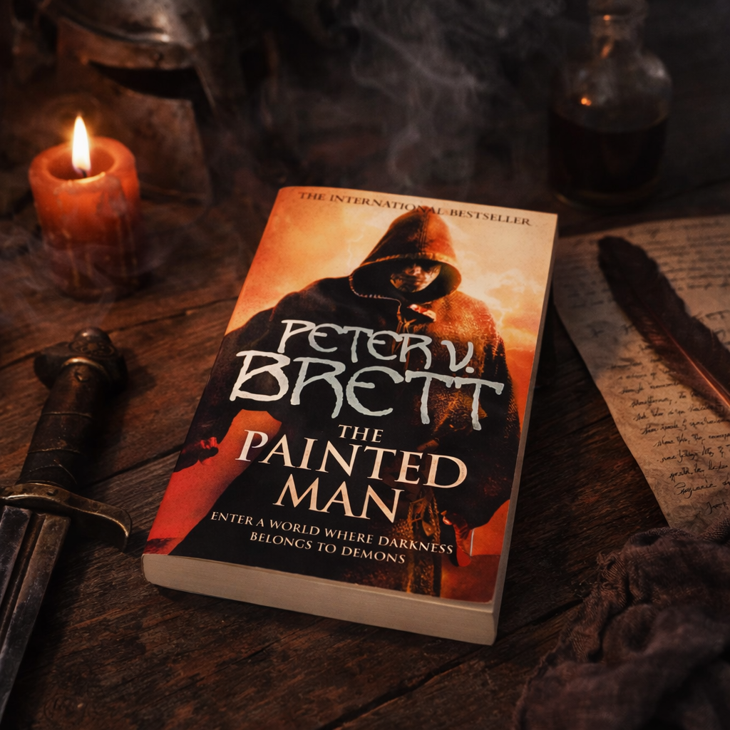 The Painted Man by Peter V Brett Paperback book on a rustic table 