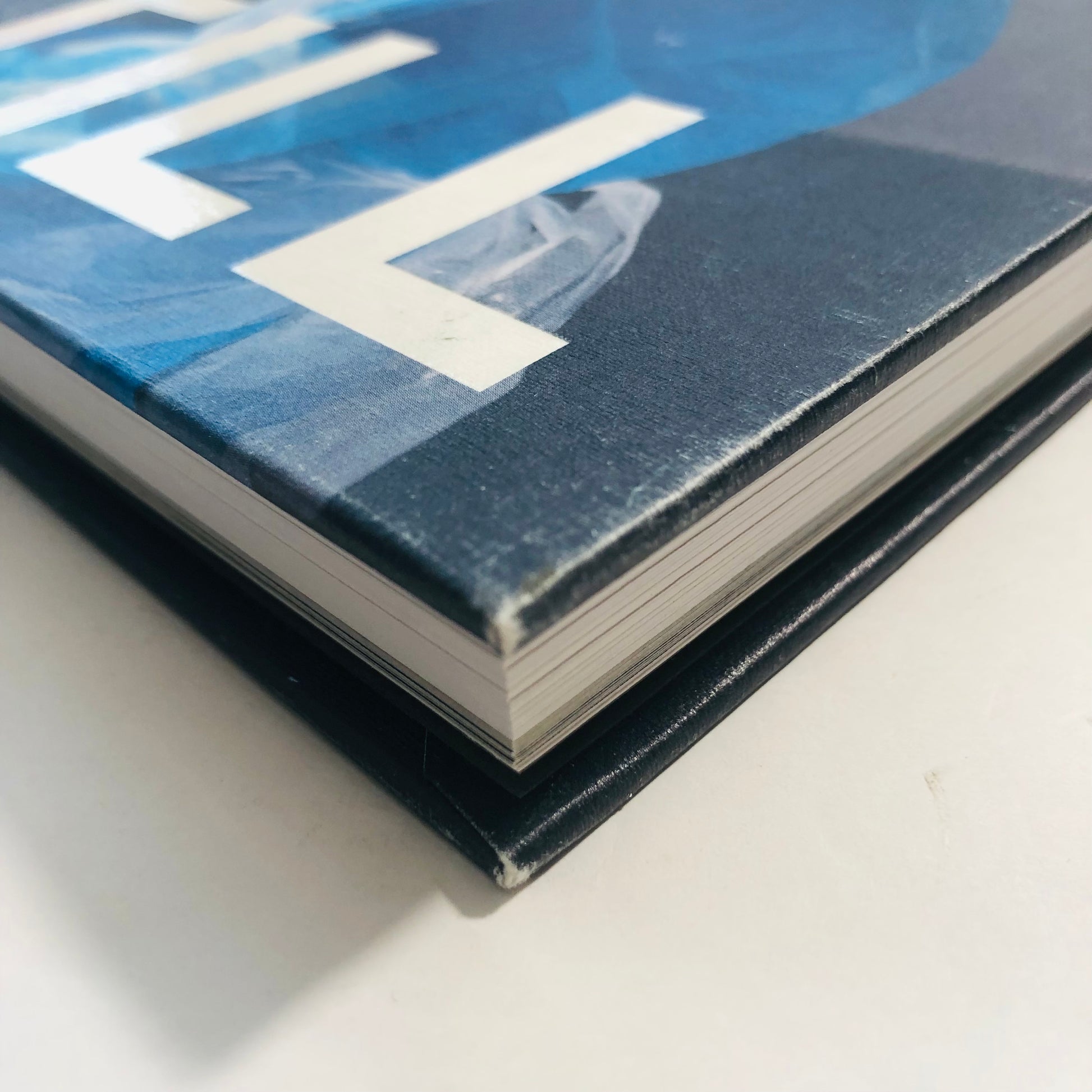 Close-up of a book with a blue cover and white text on a white surface