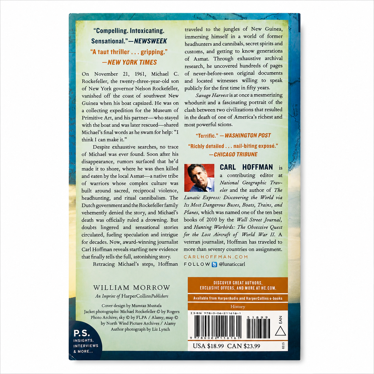 Back cover of Savage Harvest by Carl Hoffman, showing the publisher's description, author information and ISBN, photographed on a clean white background for the BookBuddies online bookshop.