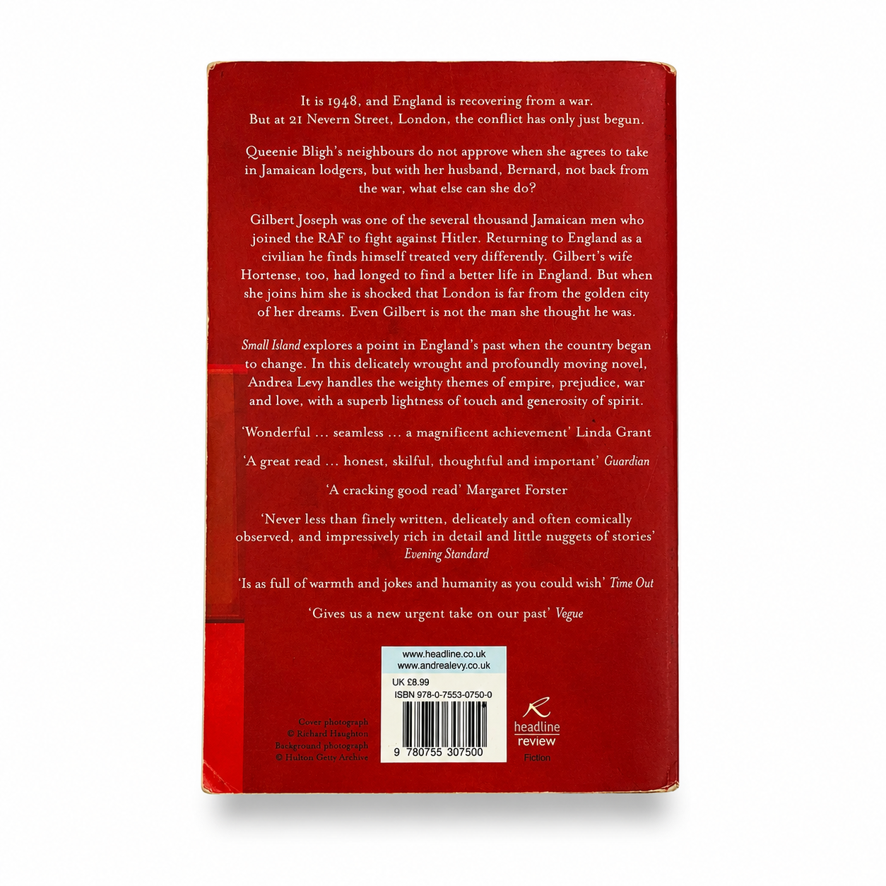 Back cover of Small Island by Andrea Levy, paperback book in Good used condition on a white background.