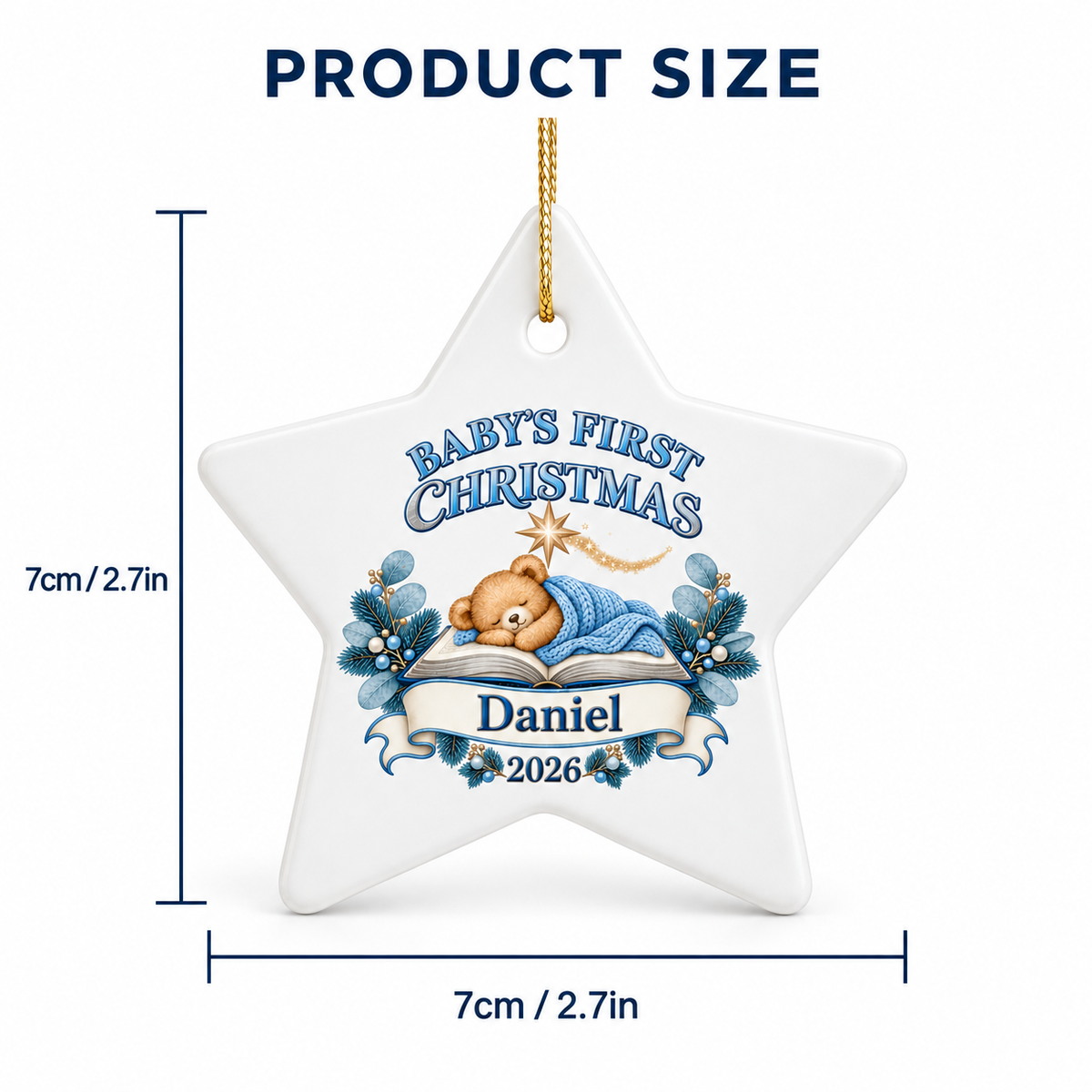 A white star-shaped ceramic Christmas ornament with a gold hanging loop, shown with dimension lines and text indicating a product size of 7cm/2.7in.