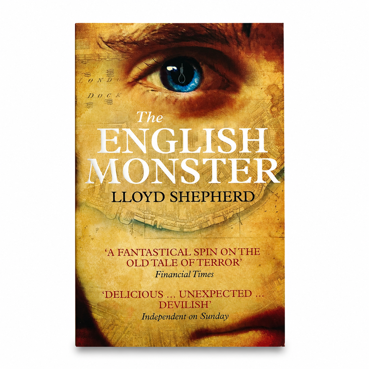 The English Monster book cover by Lloyd Shepherd, featuring a close-up of a human eye over an aged parchment background with large white title text.